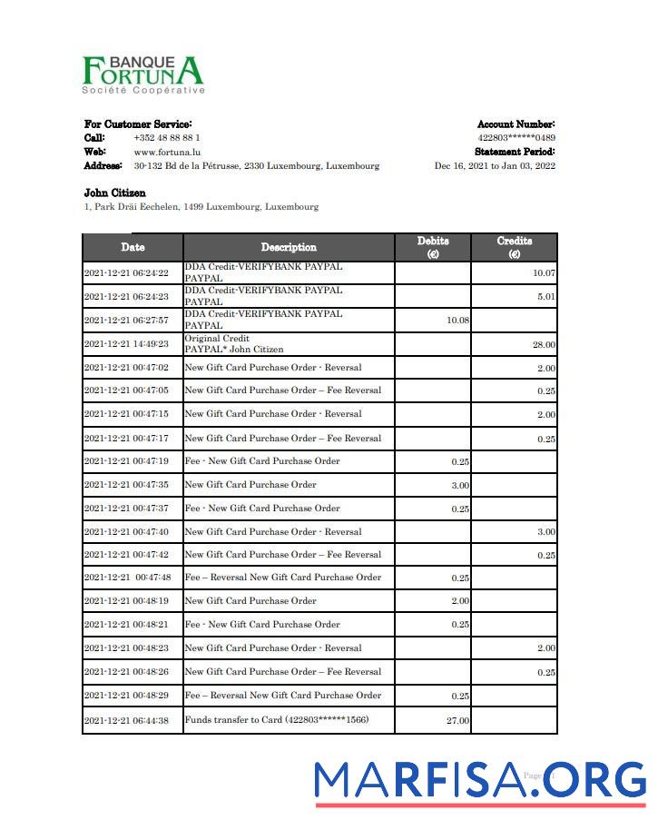 Printable Luxembourg Fortuna Banque bank statement excel example